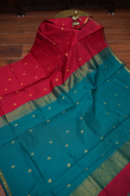 Maheshwari Silk Cotton Saree | Red with Turquoise Blue