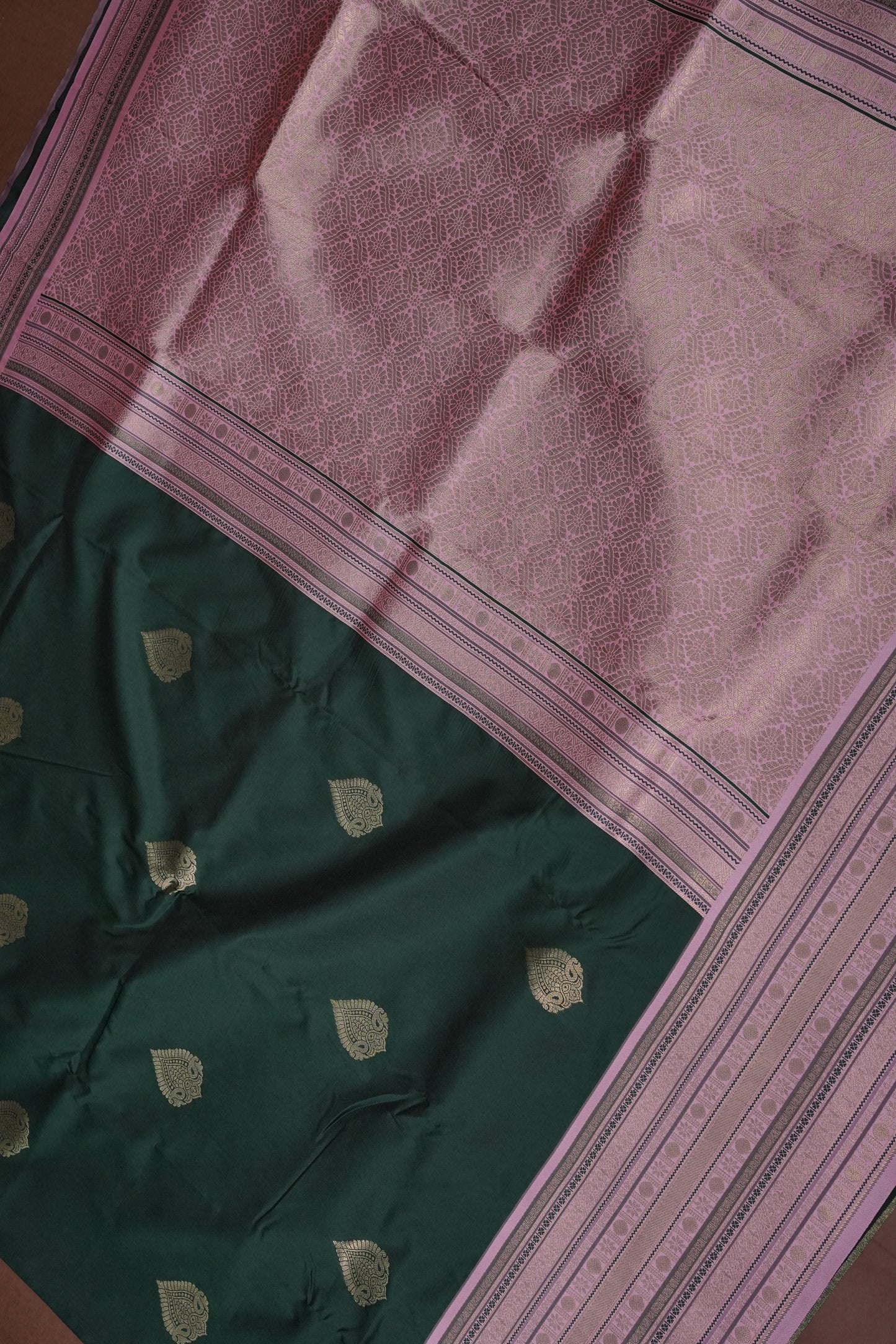 Emerald Green Semi Silk Saree with Muted Matte Pink Vintage Border