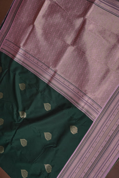 Emerald Green Semi Silk Saree with Muted Matte Pink Vintage Border