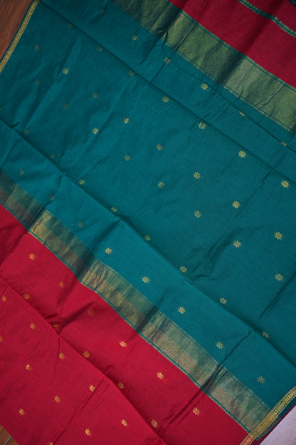 Maheshwari Silk Cotton Saree | Red with Turquoise Blue