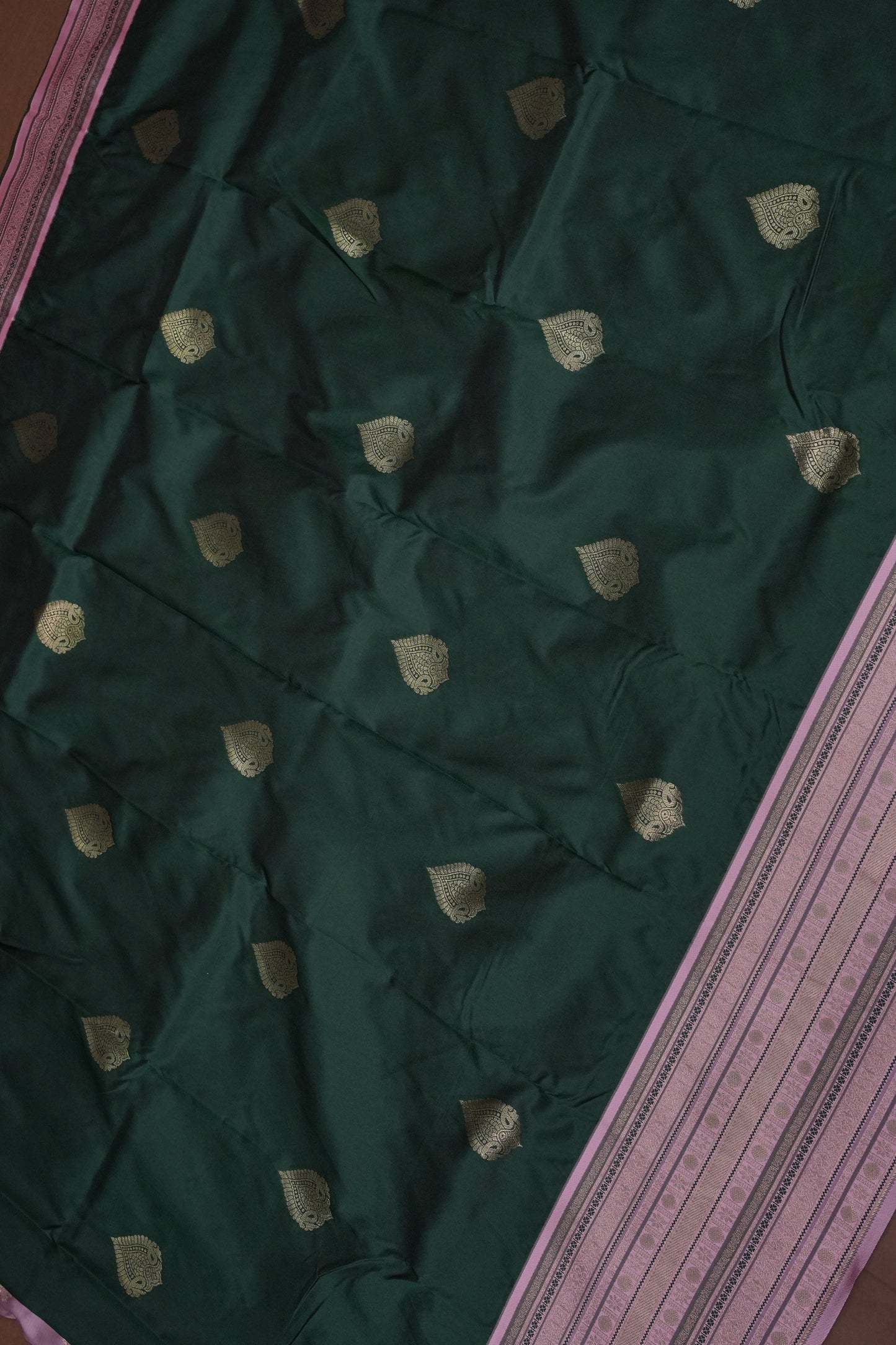 Emerald Green Semi Silk Saree with Muted Matte Pink Vintage Border