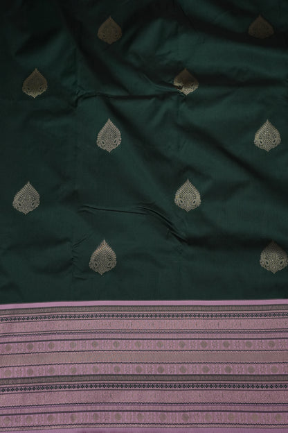 Emerald Green Semi Silk Saree with Muted Matte Pink Vintage Border