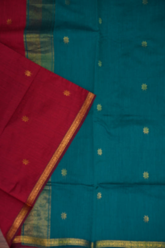 Maheshwari Silk Cotton Saree | Red with Turquoise Blue