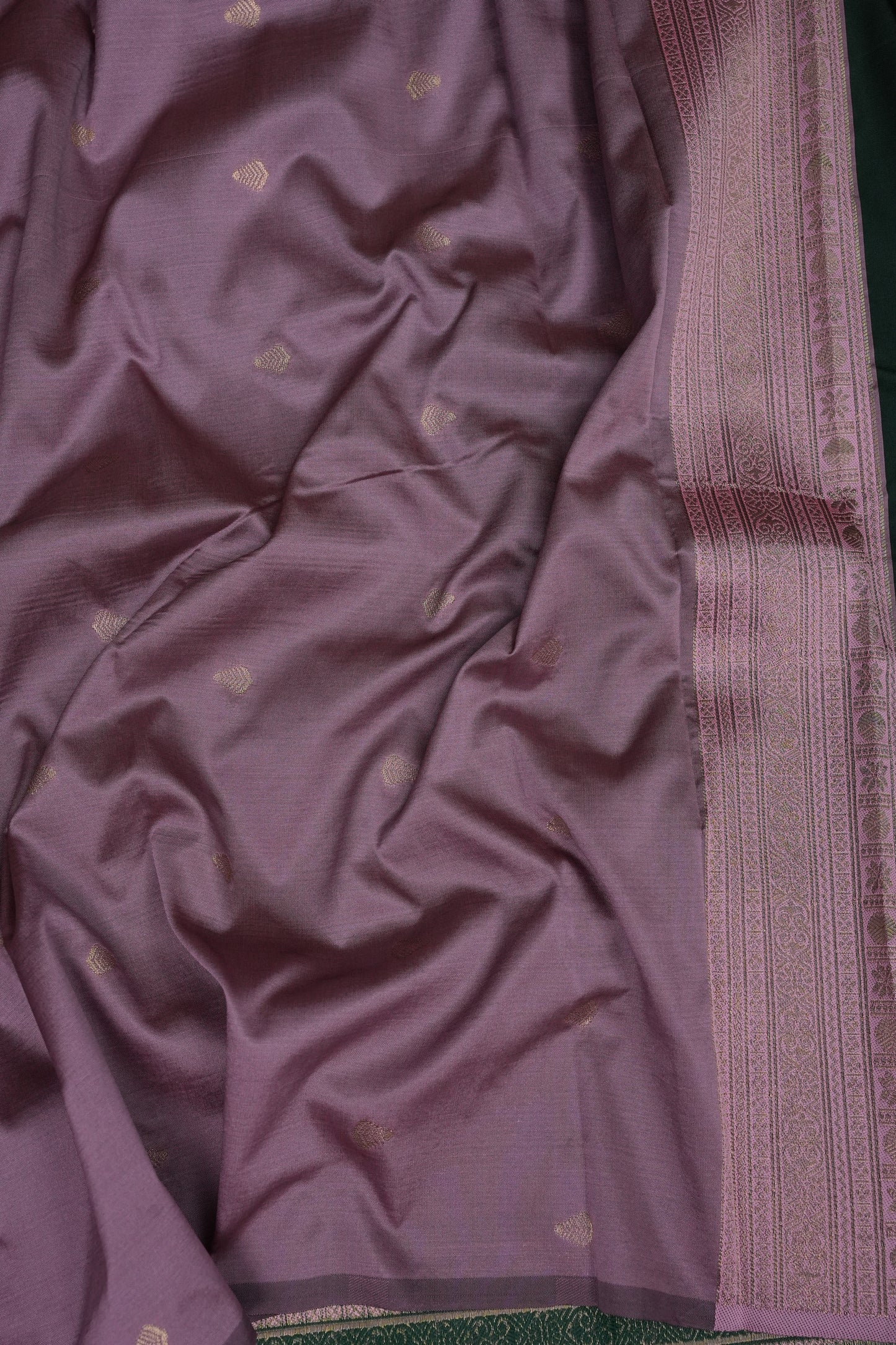 Emerald Green Semi Silk Saree with Muted Matte Pink Vintage Border