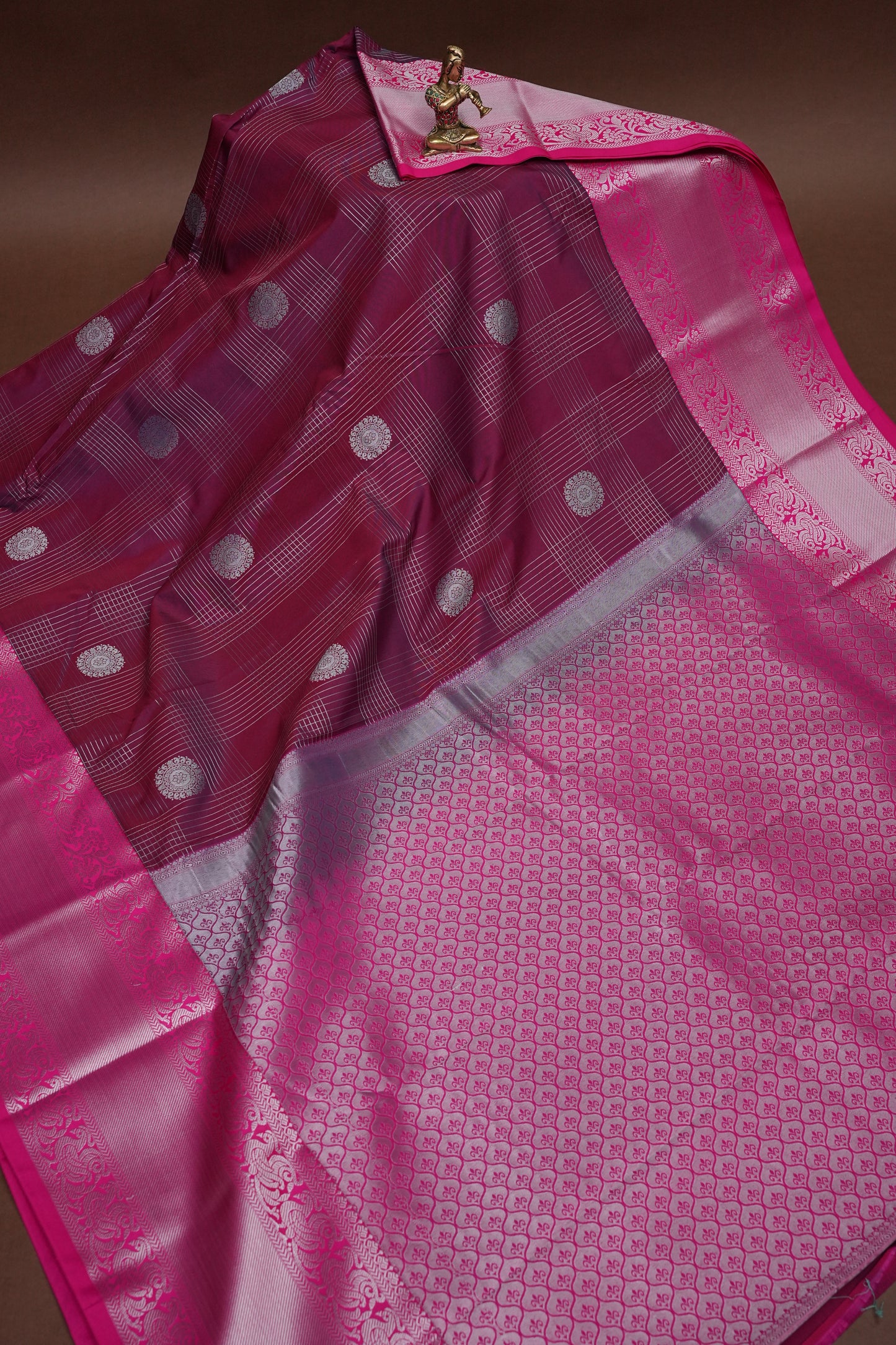 Checkered Semi Silk Saree - Wine with Pink Korvai Border