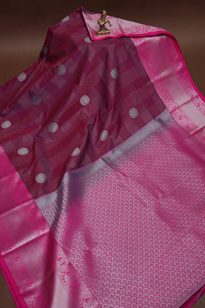 Checkered Semi Silk Saree - Wine with Pink Korvai Border