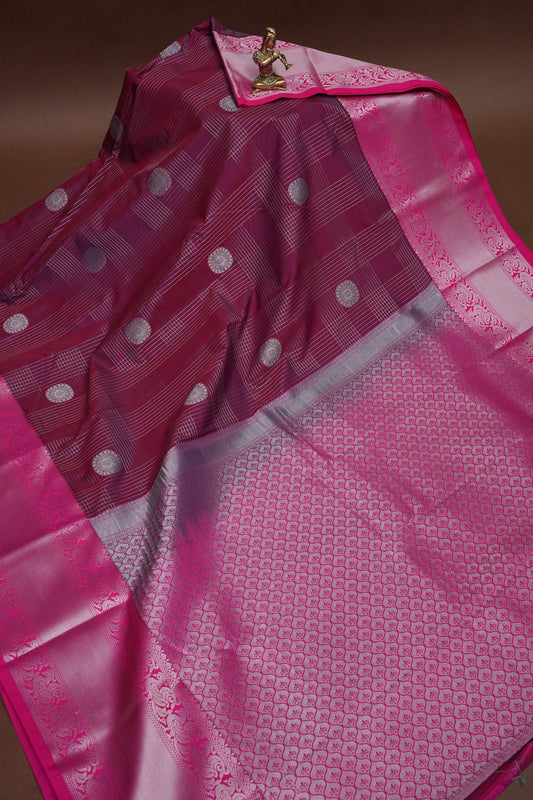 Checkered Semi Silk Saree - Wine with Pink Korvai Border