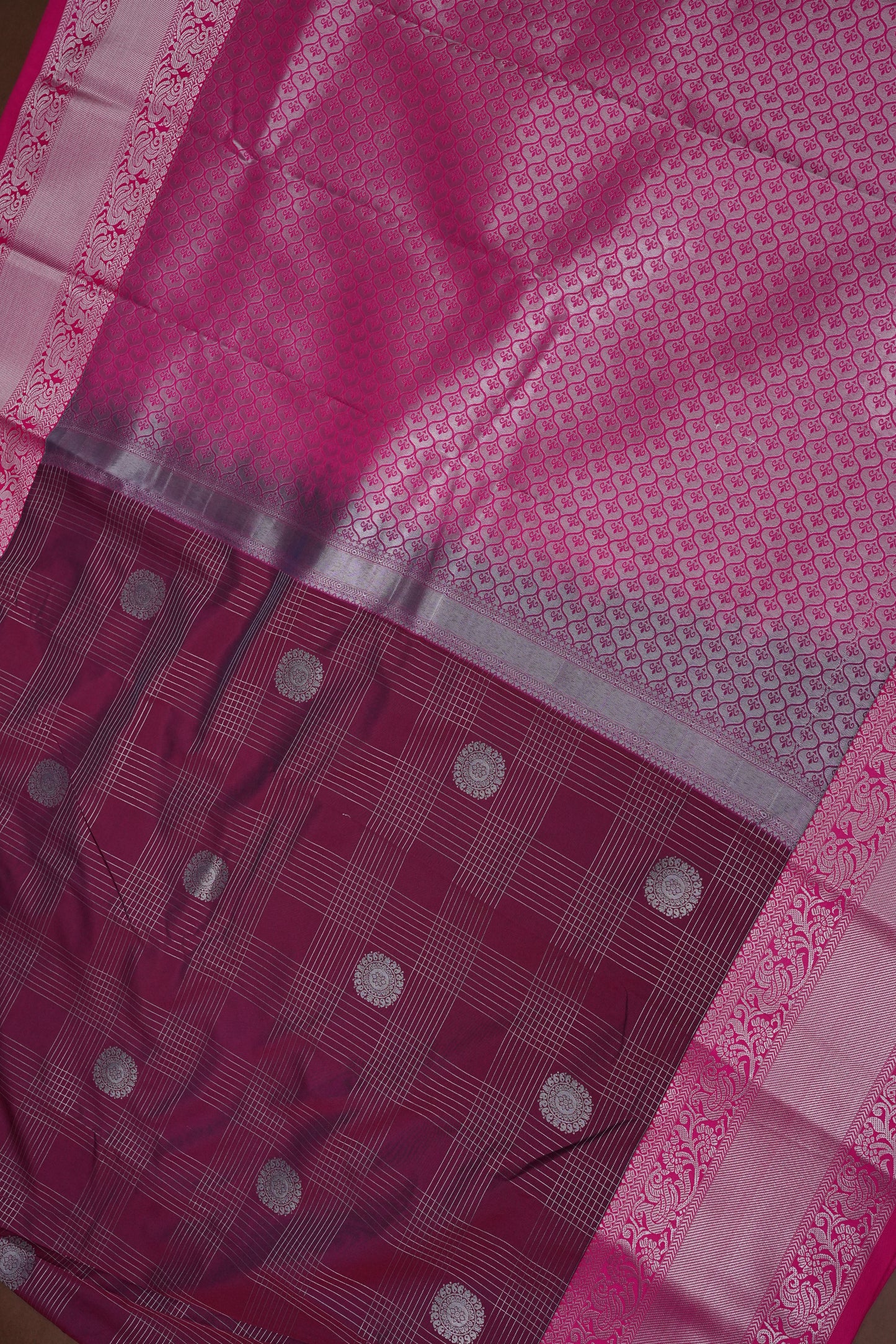 Checkered Semi Silk Saree - Wine with Pink Korvai Border