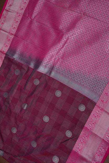 Checkered Semi Silk Saree - Wine with Pink Korvai Border