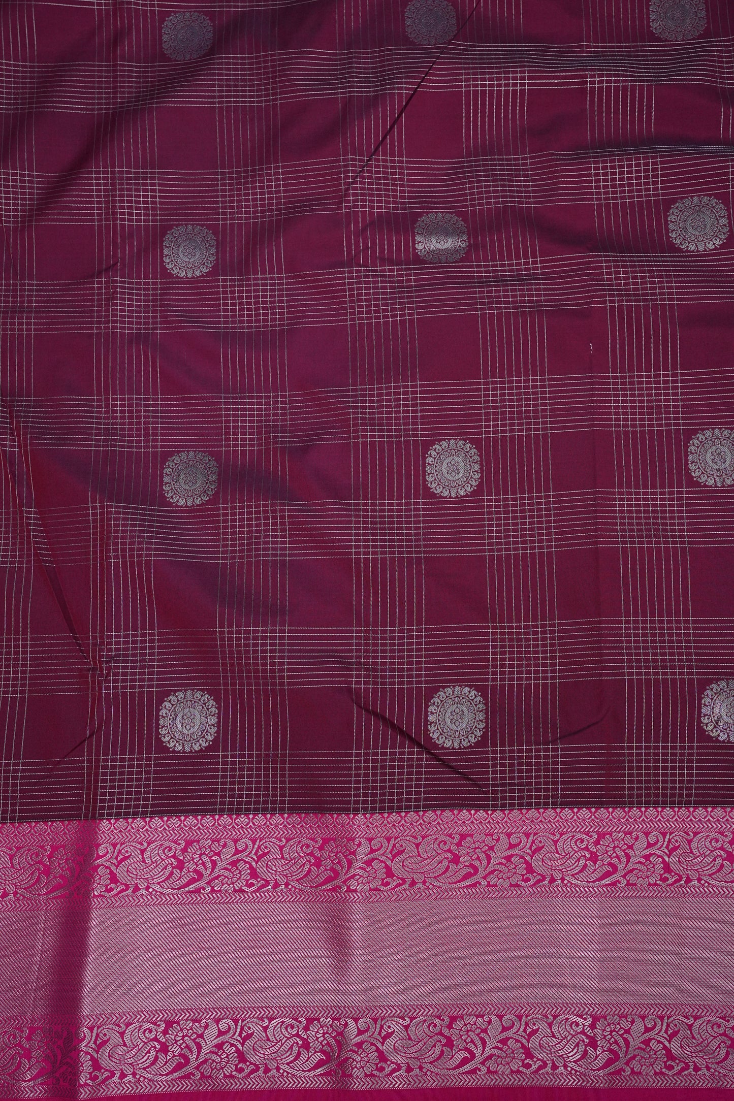 Checkered Semi Silk Saree - Wine with Pink Korvai Border