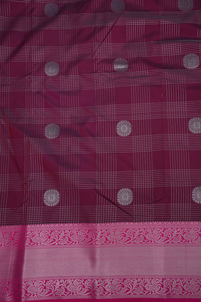 Checkered Semi Silk Saree - Wine with Pink Korvai Border