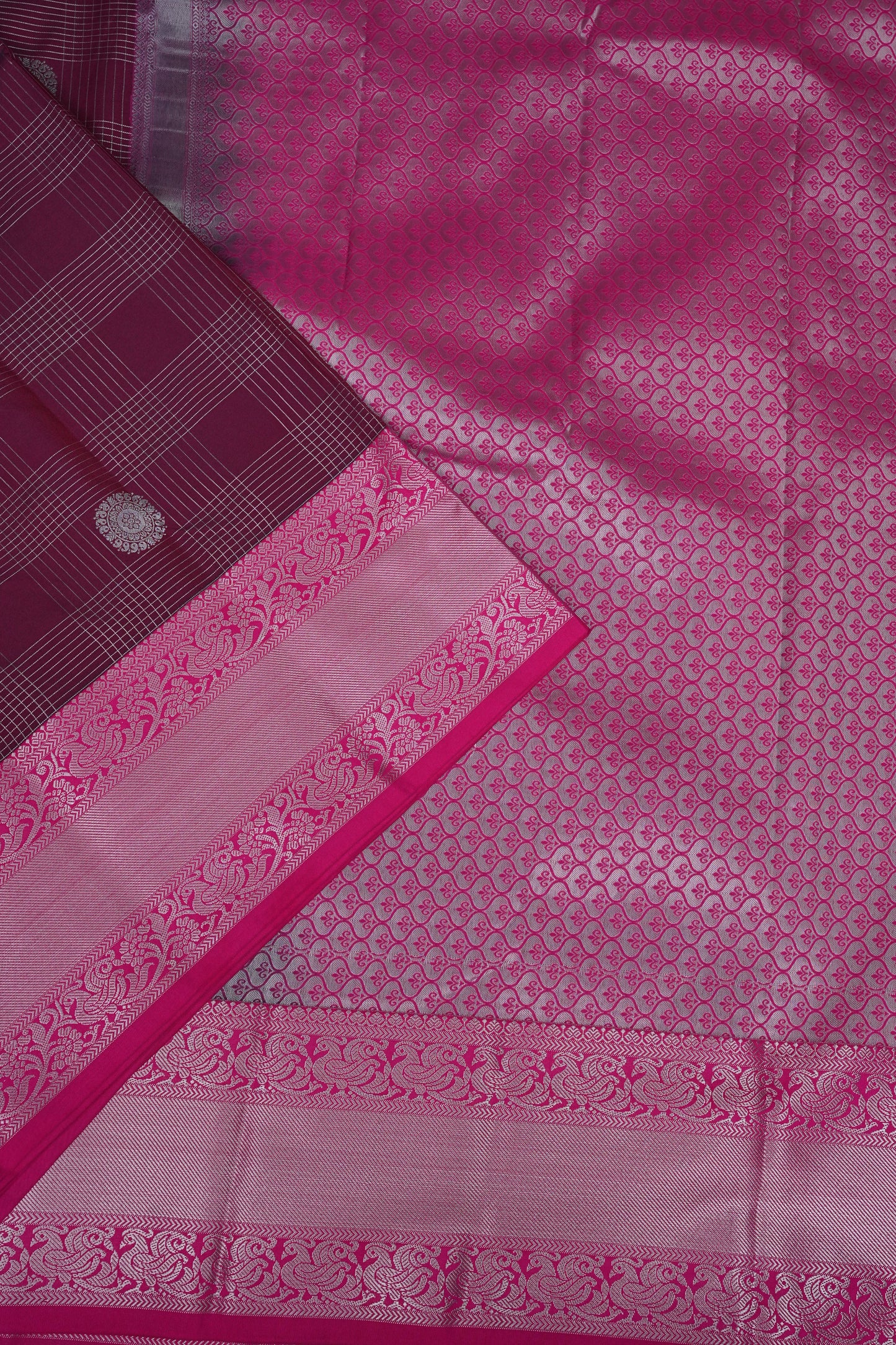Checkered Semi Silk Saree - Wine with Pink Korvai Border