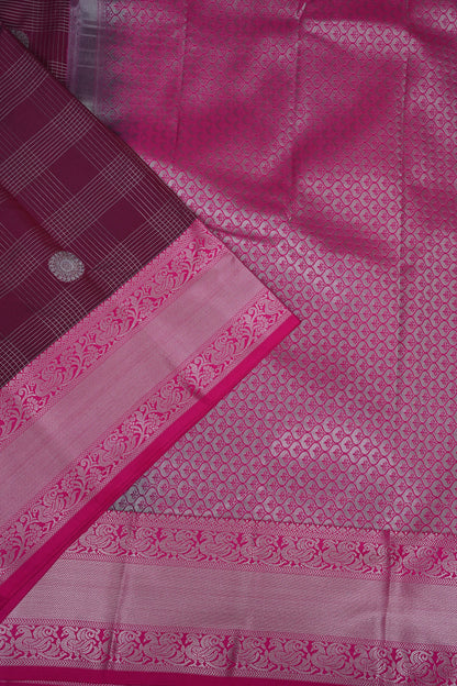 Checkered Semi Silk Saree - Wine with Pink Korvai Border