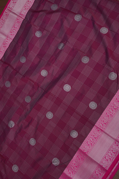 Checkered Semi Silk Saree - Wine with Pink Korvai Border