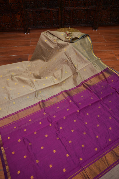 Maheshwari Silk Cotton Saree | Beige with Purple
