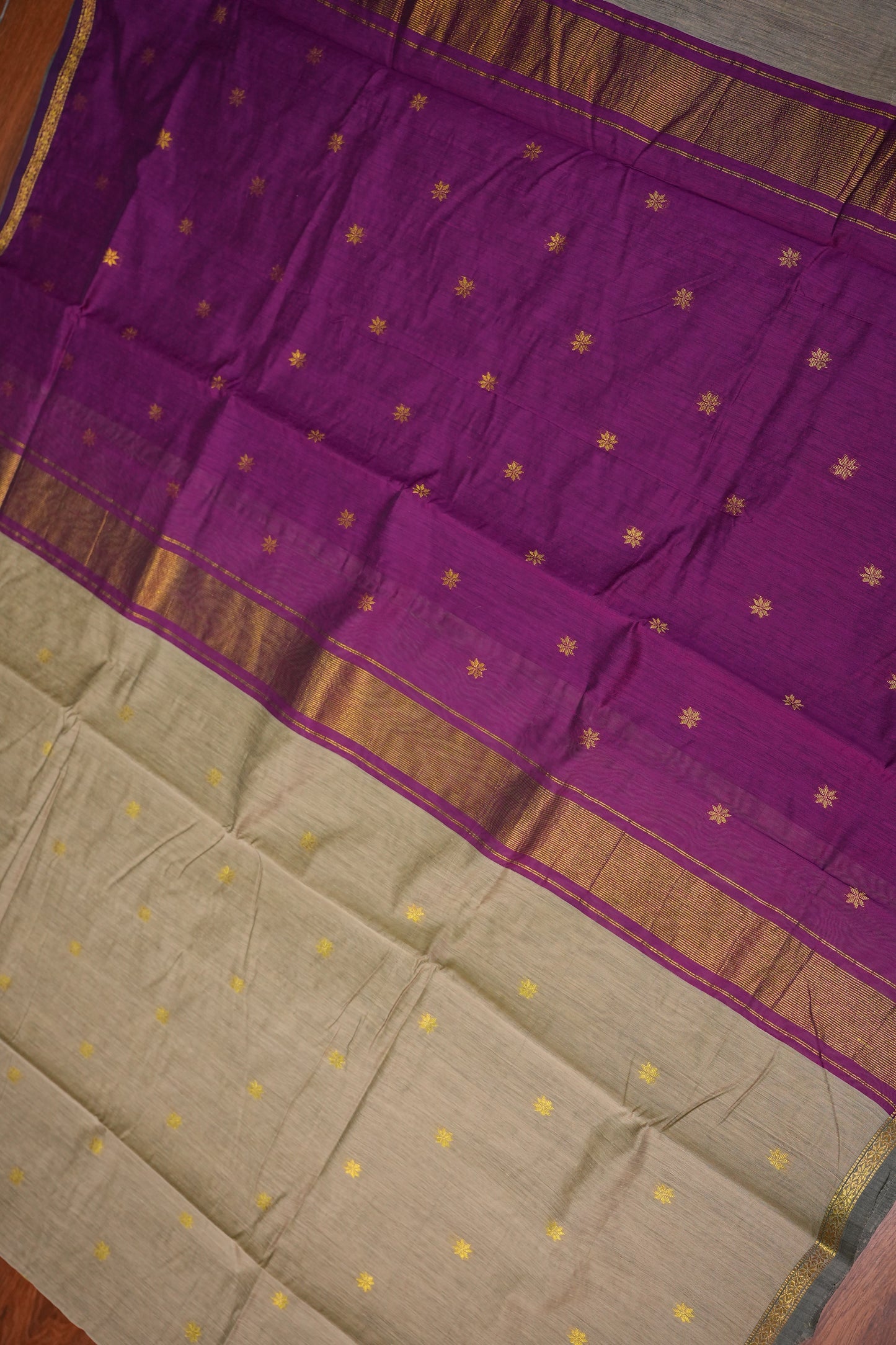 Maheshwari Silk Cotton Saree | Beige with Purple