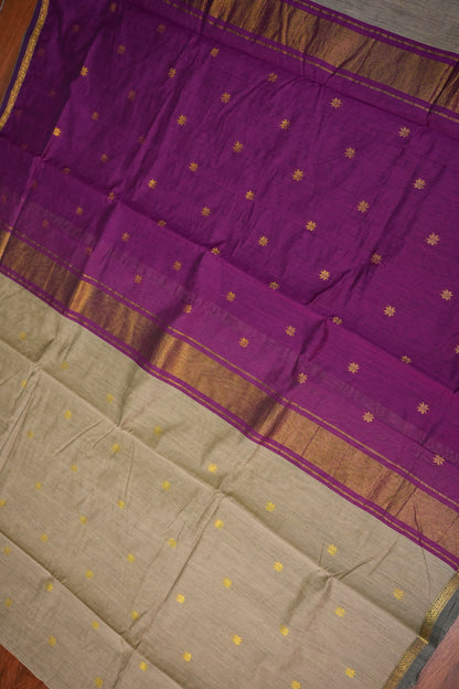 Maheshwari Silk Cotton Saree | Beige with Purple