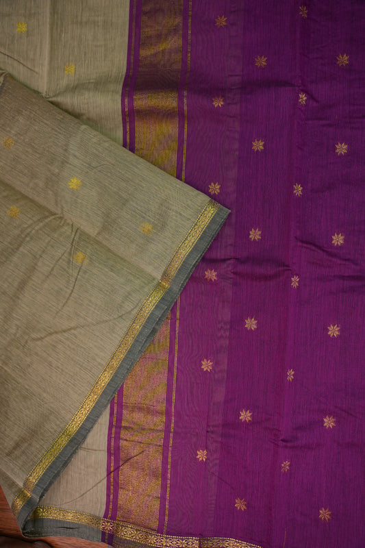 Maheshwari Silk Cotton Saree | Beige with Purple