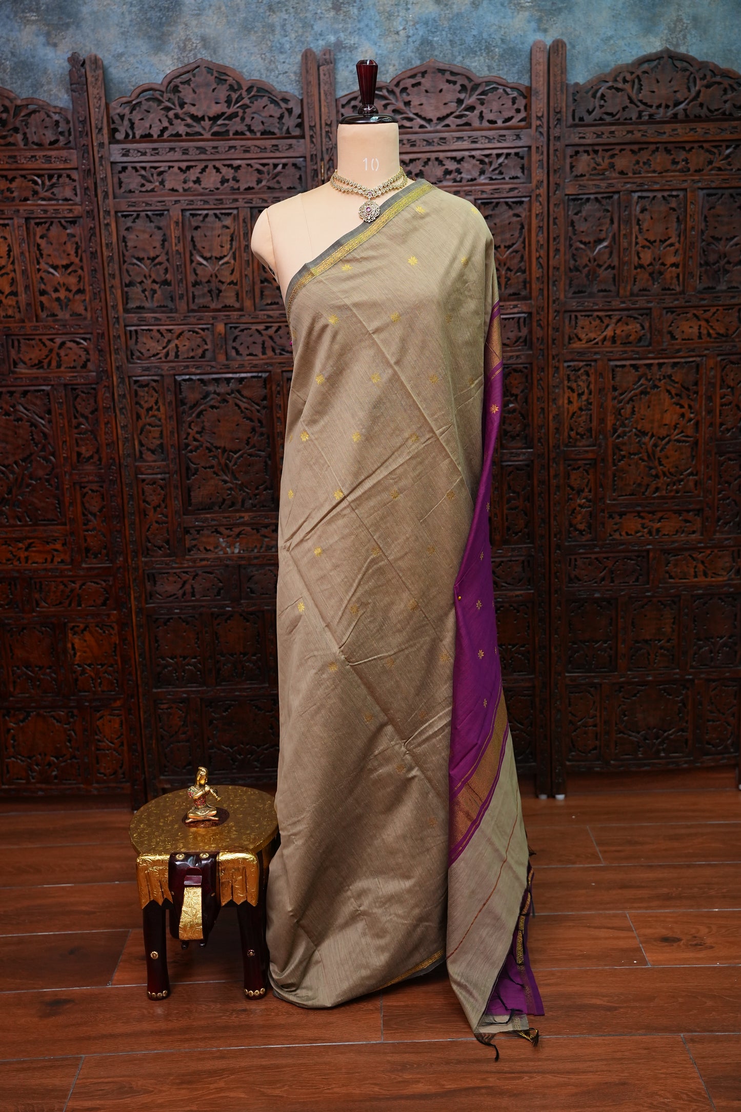 Maheshwari Silk Cotton Saree | Beige with Purple