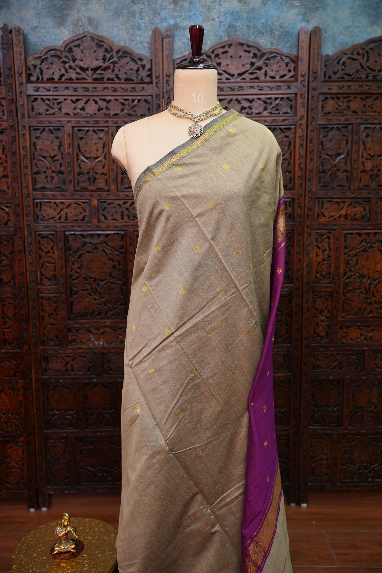 Maheshwari Silk Cotton Saree | Beige with Purple