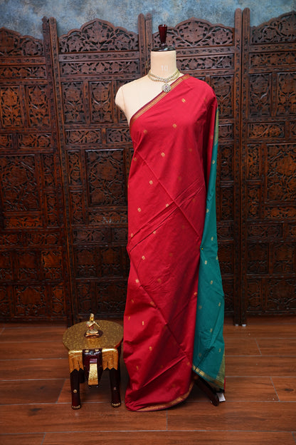 Maheshwari Silk Cotton Saree | Red with Turquoise Blue