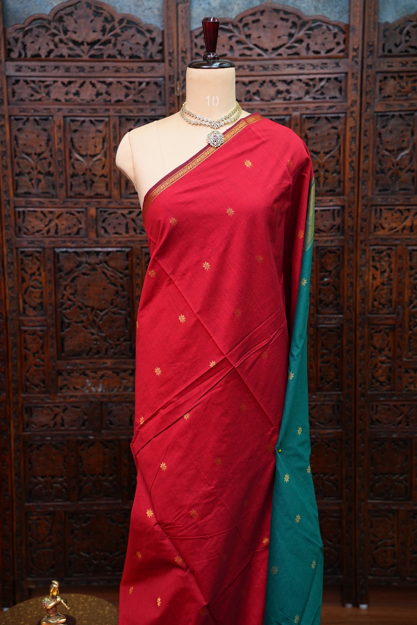 Maheshwari Silk Cotton Saree | Red with Turquoise Blue