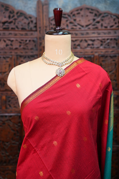Maheshwari Silk Cotton Saree | Red with Turquoise Blue