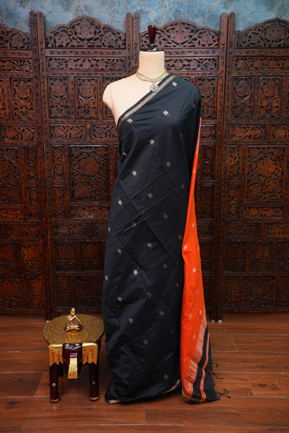 Maheshwari Silk Cotton Saree | Black With Orange