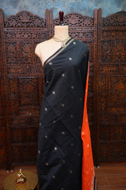 Maheshwari Silk Cotton Saree | Black With Orange