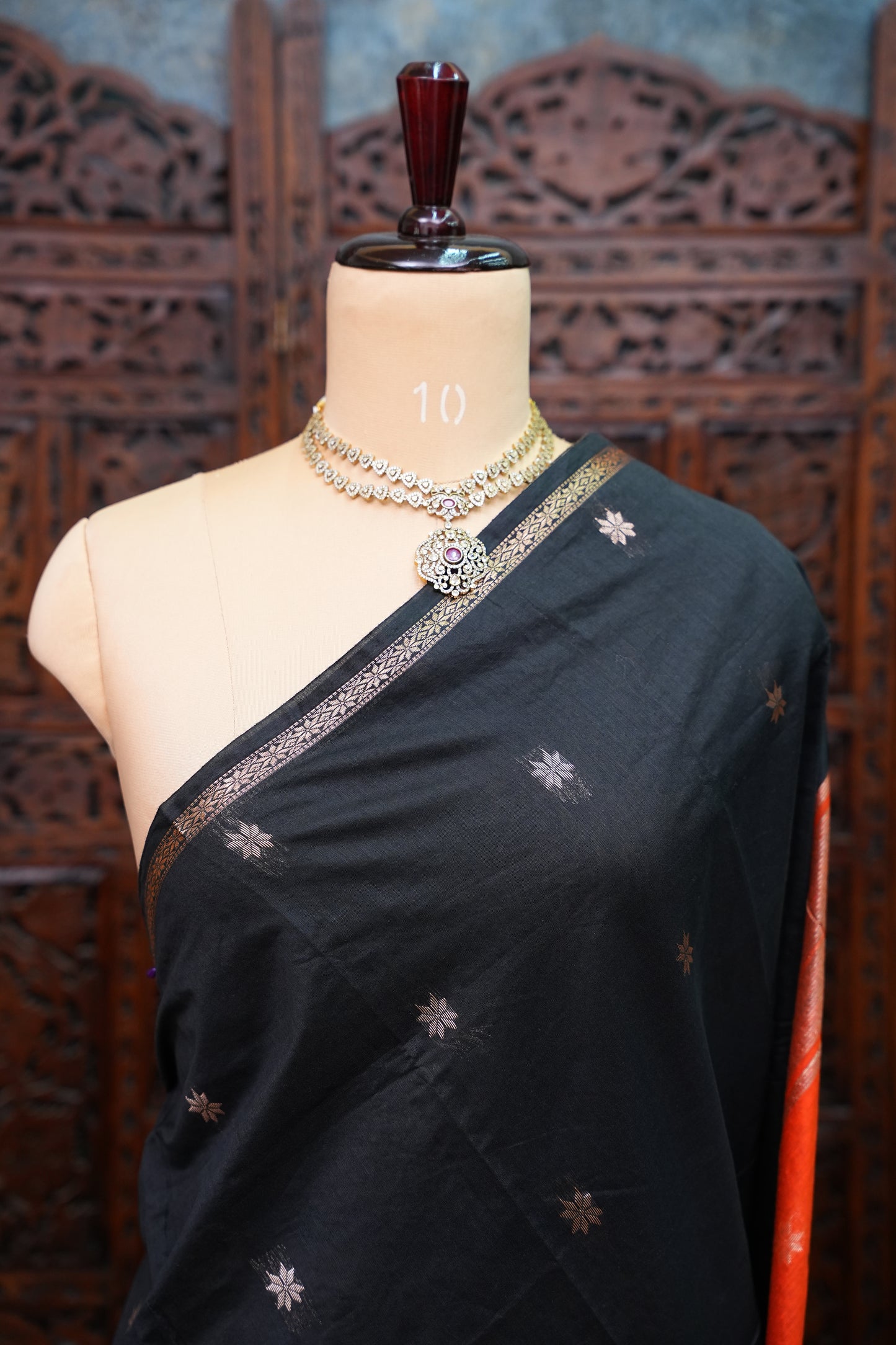 Maheshwari Silk Cotton Saree | Black With Orange