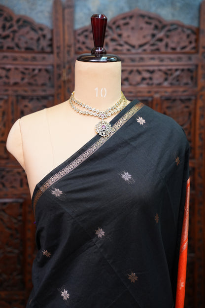 Maheshwari Silk Cotton Saree | Black With Orange