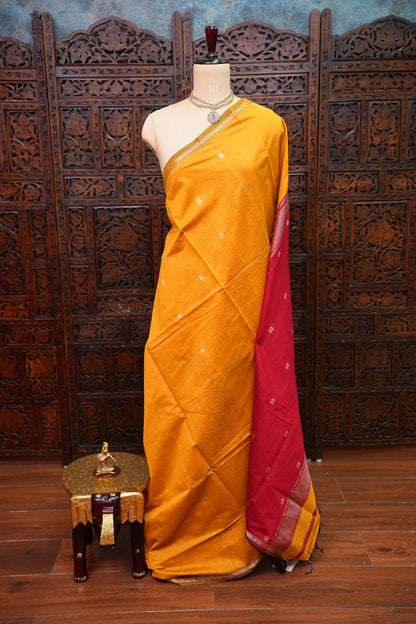 Maheshwari Silk Cotton Saree | Mustard With Red