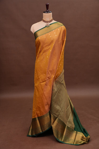 Kanchivaram Semi Silk Saree - Mustard Yellow with Emerald Green