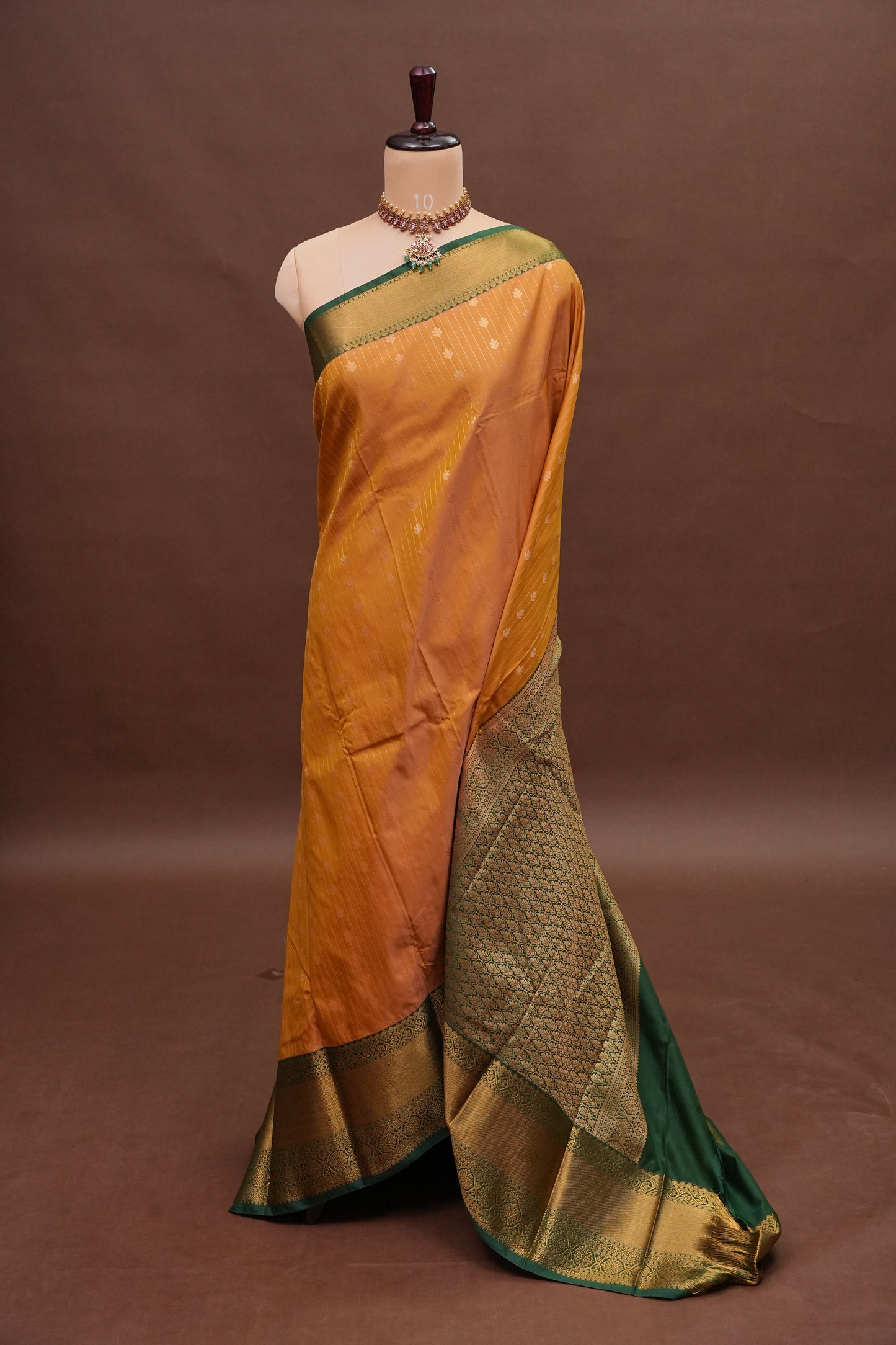 Kanchivaram Semi Silk Saree - Mustard Yellow with Emerald Green