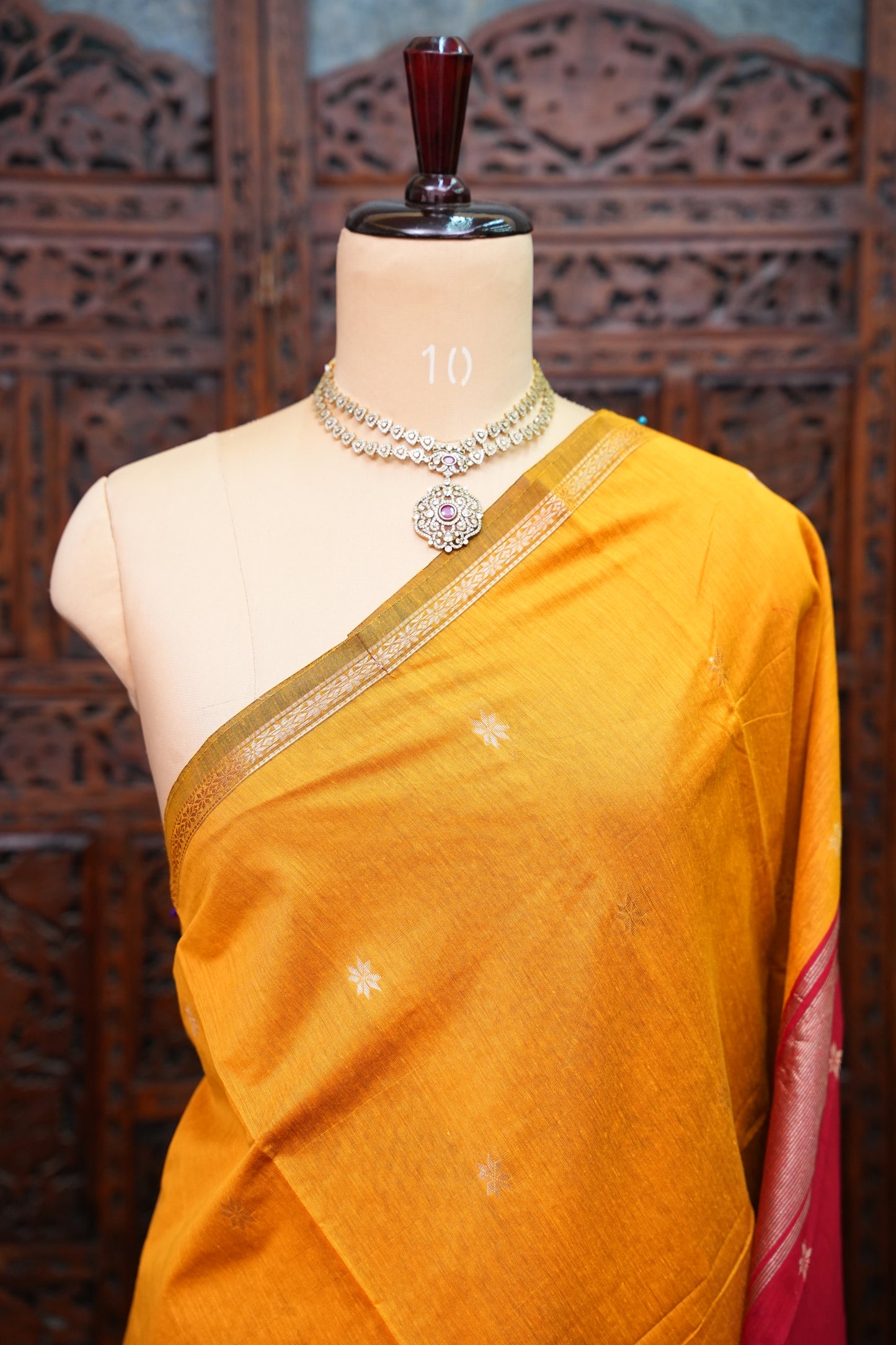 Maheshwari Silk Cotton Saree | Mustard With Red
