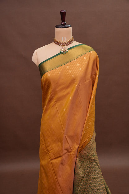 Kanchivaram Semi Silk Saree - Mustard Yellow with Emerald Green