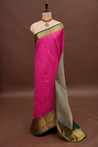Kanchivaram Semi Silk Saree - Pink with Emerald Green
