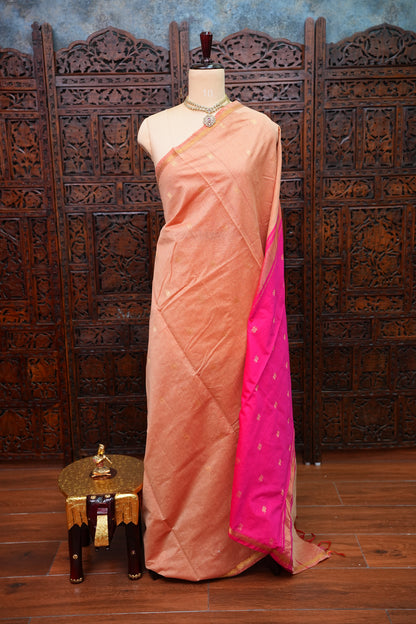 Maheshwari Silk Cotton Saree | Peach With Pink