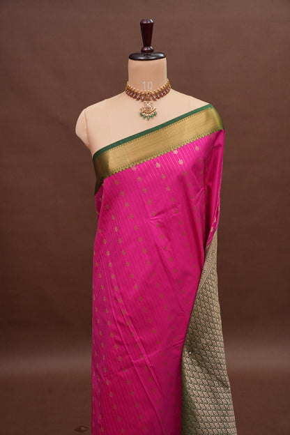 Kanchivaram Semi Silk Saree - Pink with Emerald Green