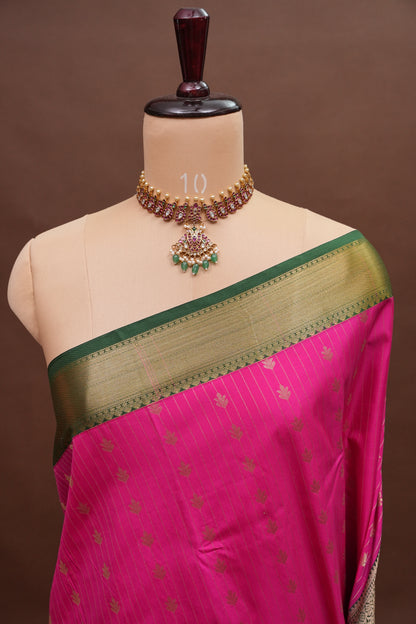 Kanchivaram Semi Silk Saree - Pink with Emerald Green