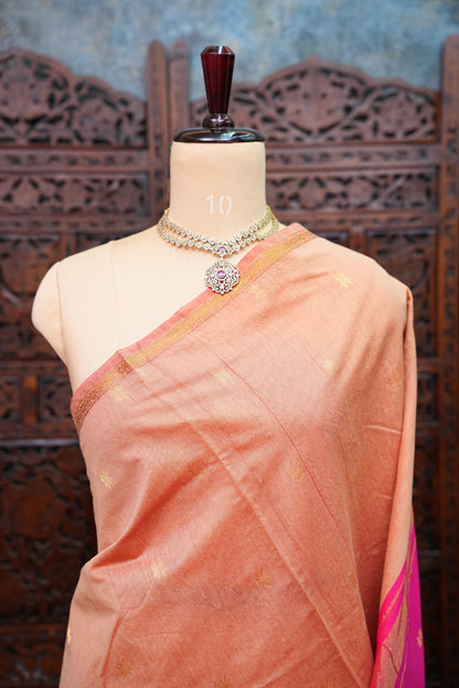 Maheshwari Silk Cotton Saree | Peach With Pink