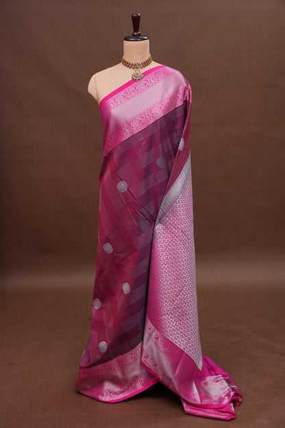 Checkered Semi Silk Saree - Wine with Pink Korvai Border