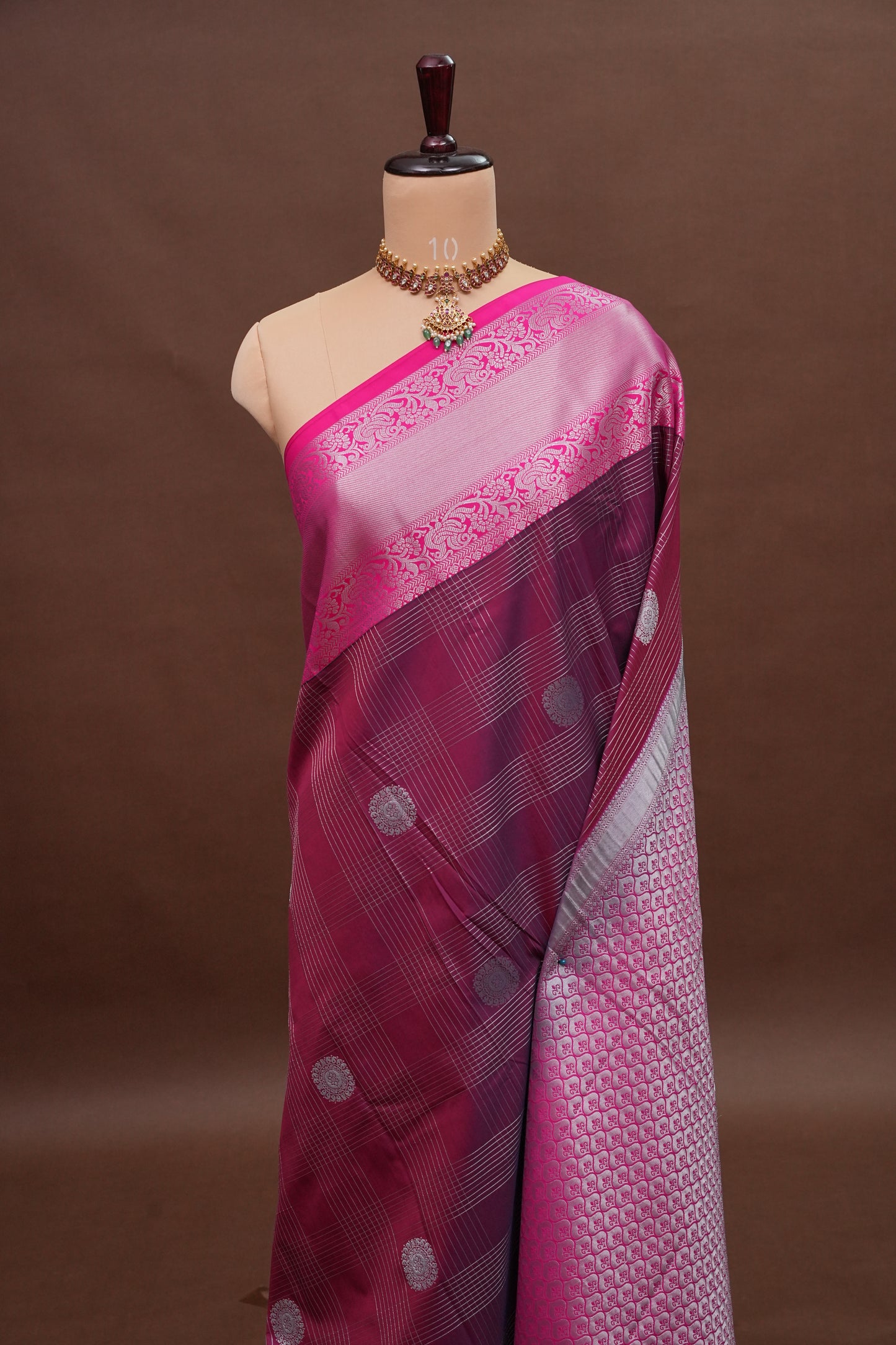 Checkered Semi Silk Saree - Wine with Pink Korvai Border