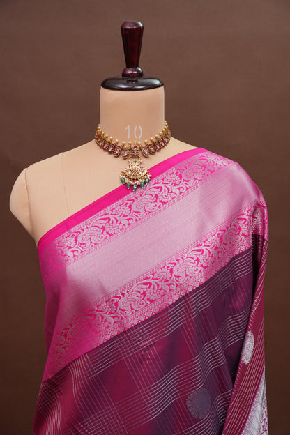 Checkered Semi Silk Saree - Wine with Pink Korvai Border