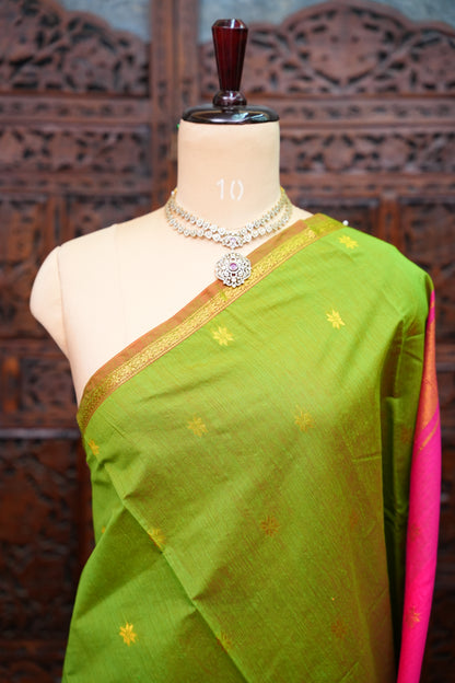 Maheshwari Silk Cotton Saree | Green With Pink