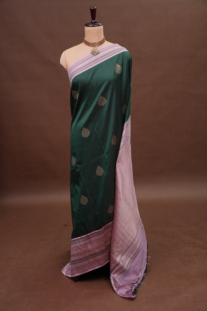Emerald Green Semi Silk Saree with Muted Matte Pink Vintage Border