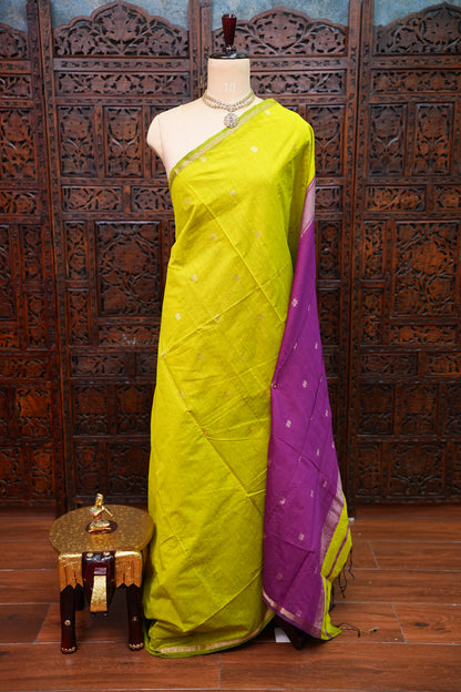 Maheshwari Silk Cotton Saree | Parrot Green With Pink