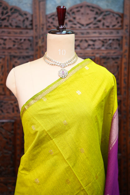 Maheshwari Silk Cotton Saree | Parrot Green With Pink