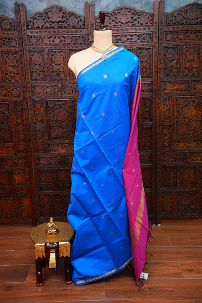 Maheshwari Silk Cotton Saree | Blue With Pink
