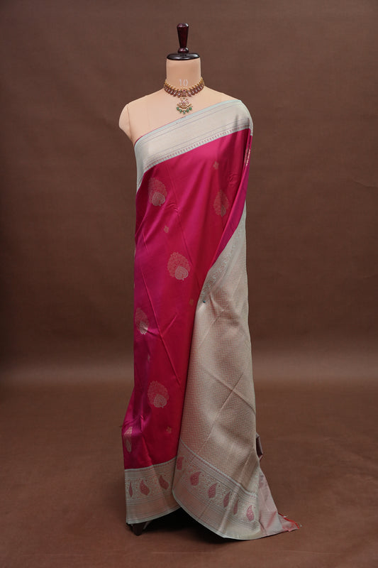 Pink Semi Silk Saree with Ice Blue Zari Border